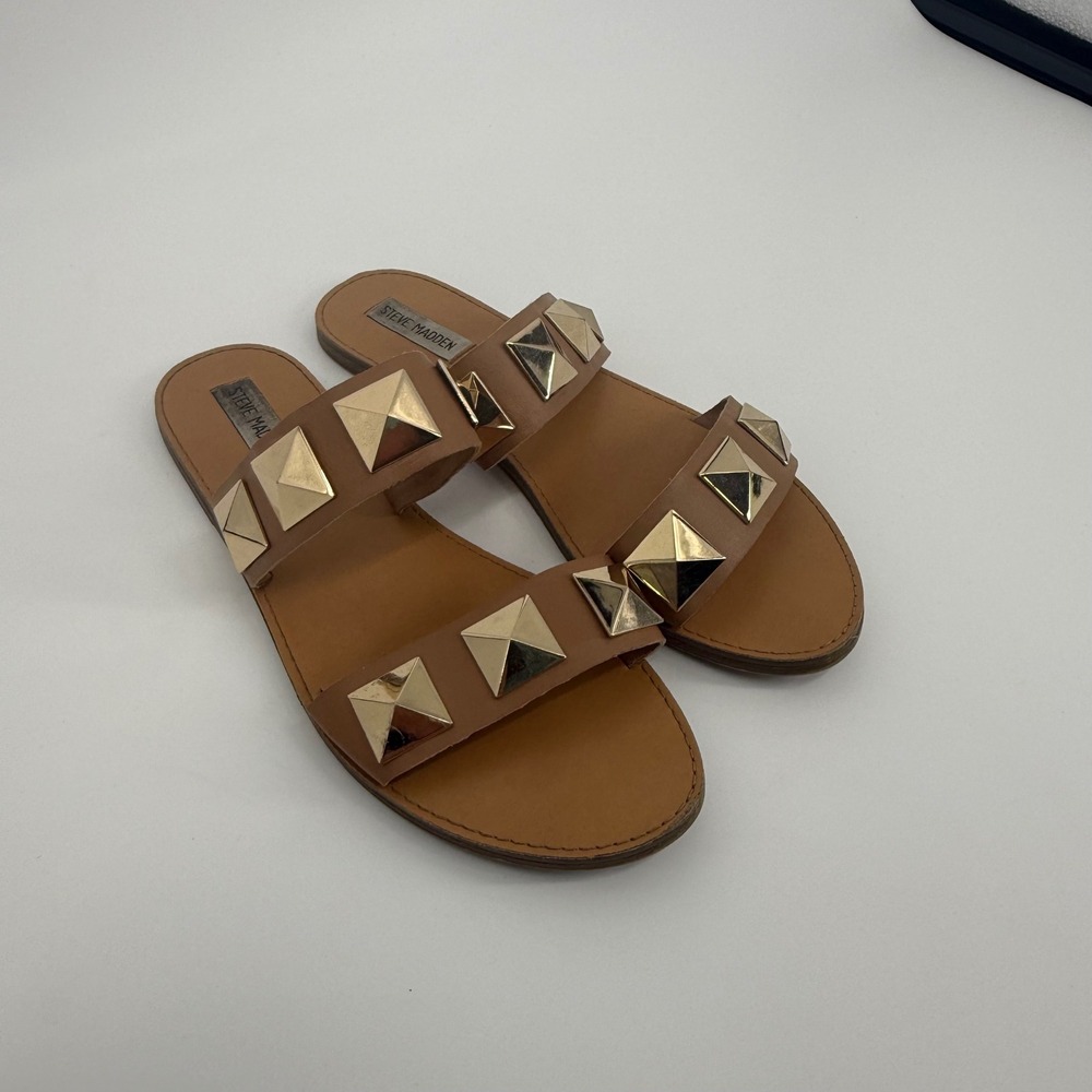Steve Madden‎ Cressida Sandals Womens 10M Tan Good Gold Pyramid Stud Slides